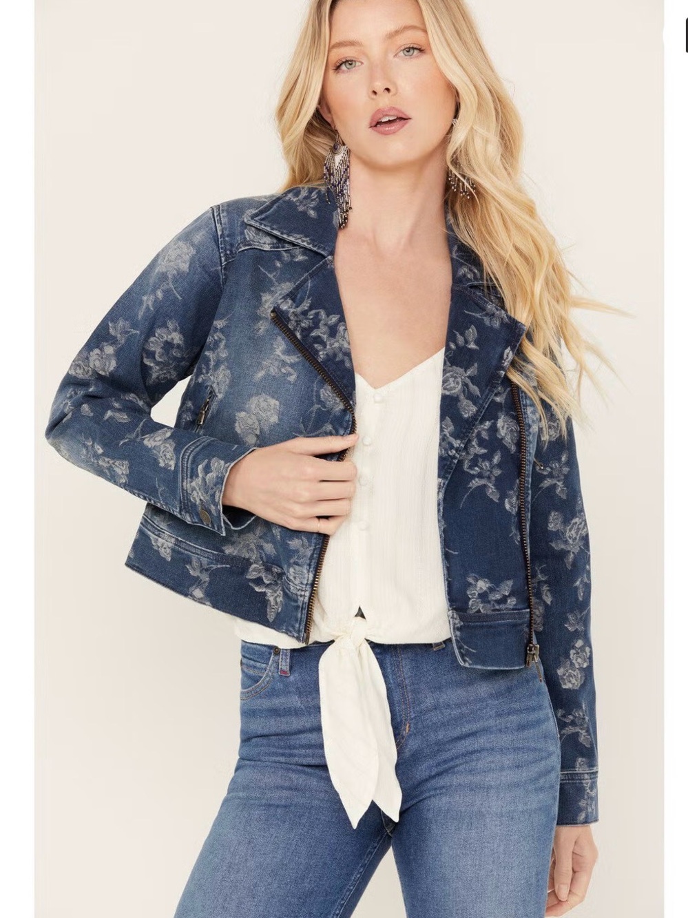 IDYLLWIND WOMEN'S FLORAL DRIVE PRINT DENIM MOTO JACKET